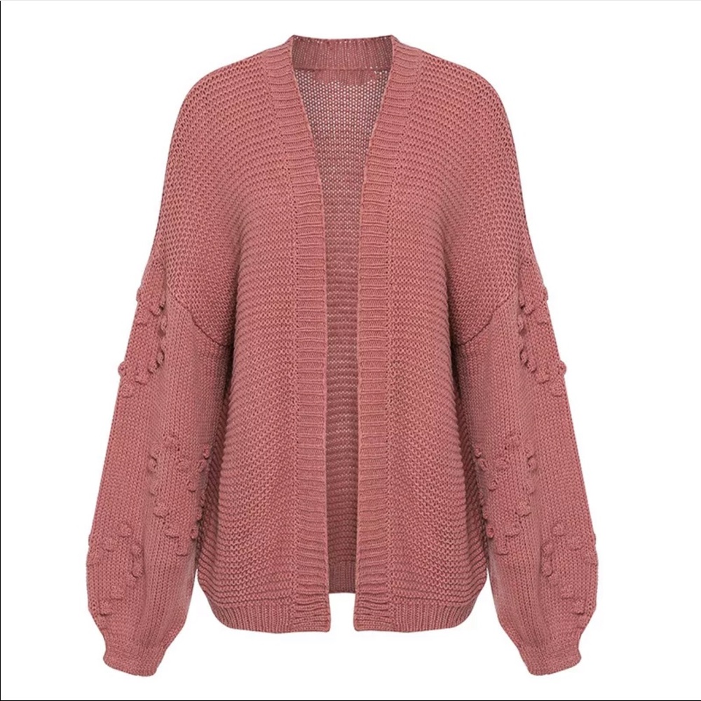 Heart pom pom knit lantern sleeve cardigan sweater - Picture 4 of 7